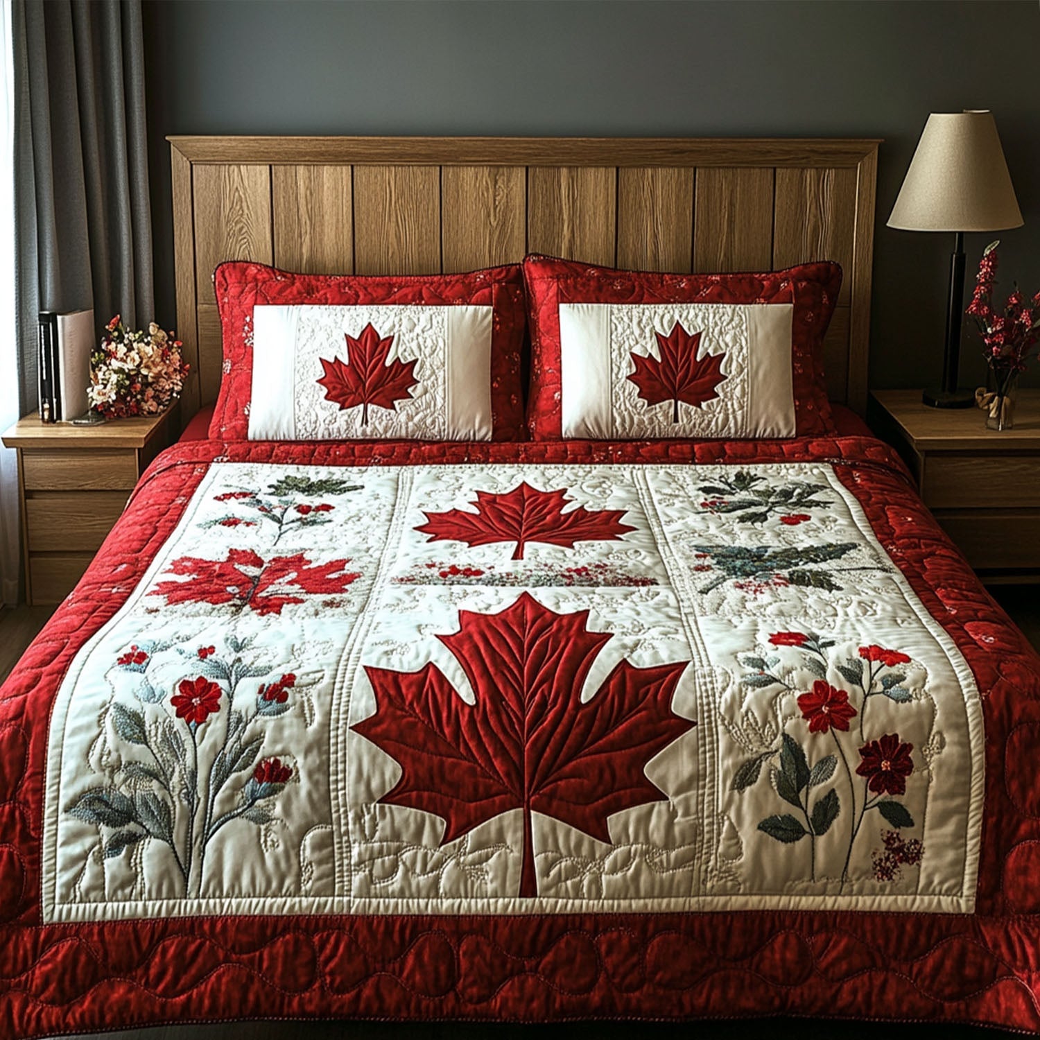 Scarlet Serenity Quilted Bedding Set Autumn Themed Bed Sheets Unique Gifts Family