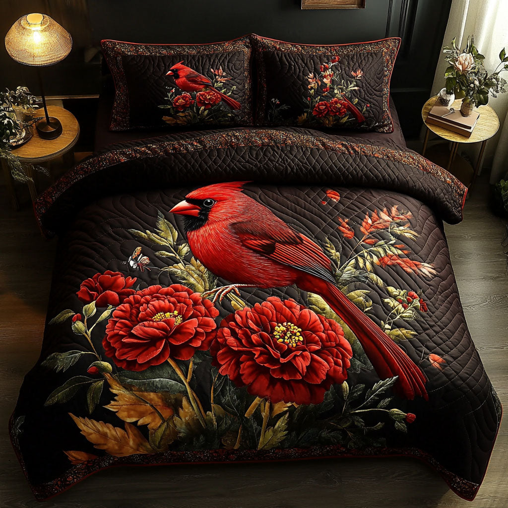 Scarlet Wings of Ohio Quilted Bedding Set Cute Room Decor Cardinal Gifts For Mom