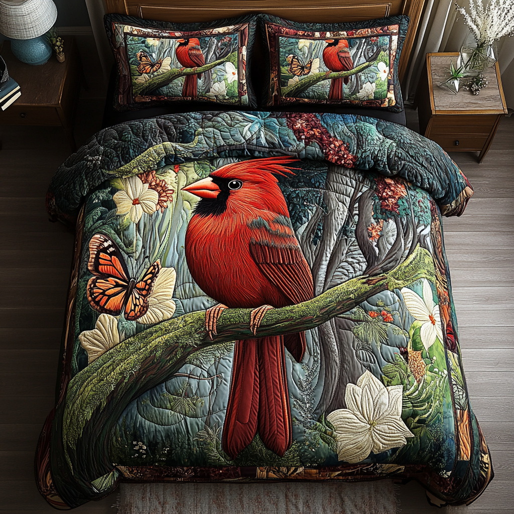 Scarlet Wings Quilted Bedding Set Christmas Duvet Sets Cardinal Gift Items