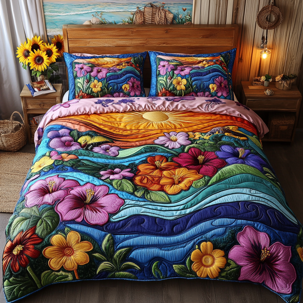 Scenic Florals Quilted Bedding Set Luxury Bed Sheet Gift Set for Ultimate Comfort