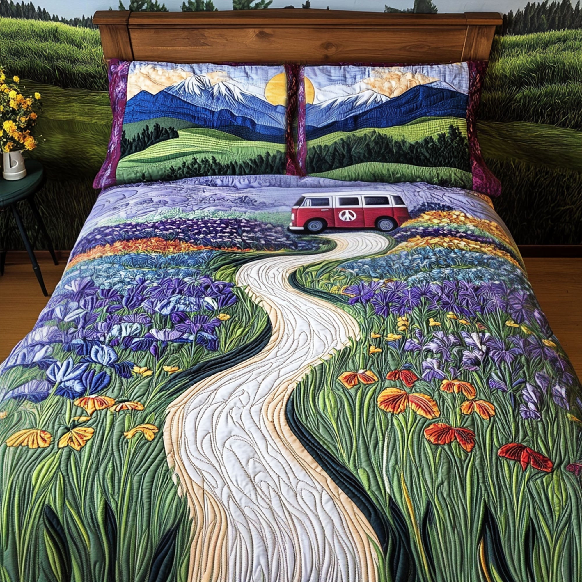 Scenic Road Wanderer Quilted Bedding Set Cute Bedroom Decor Gifts For Hippie Mom