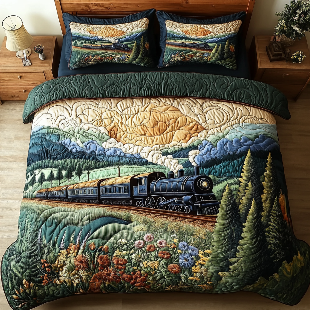 Scenic Train Quilted Bedding Set Bedspread Set Train Gifts For Adults