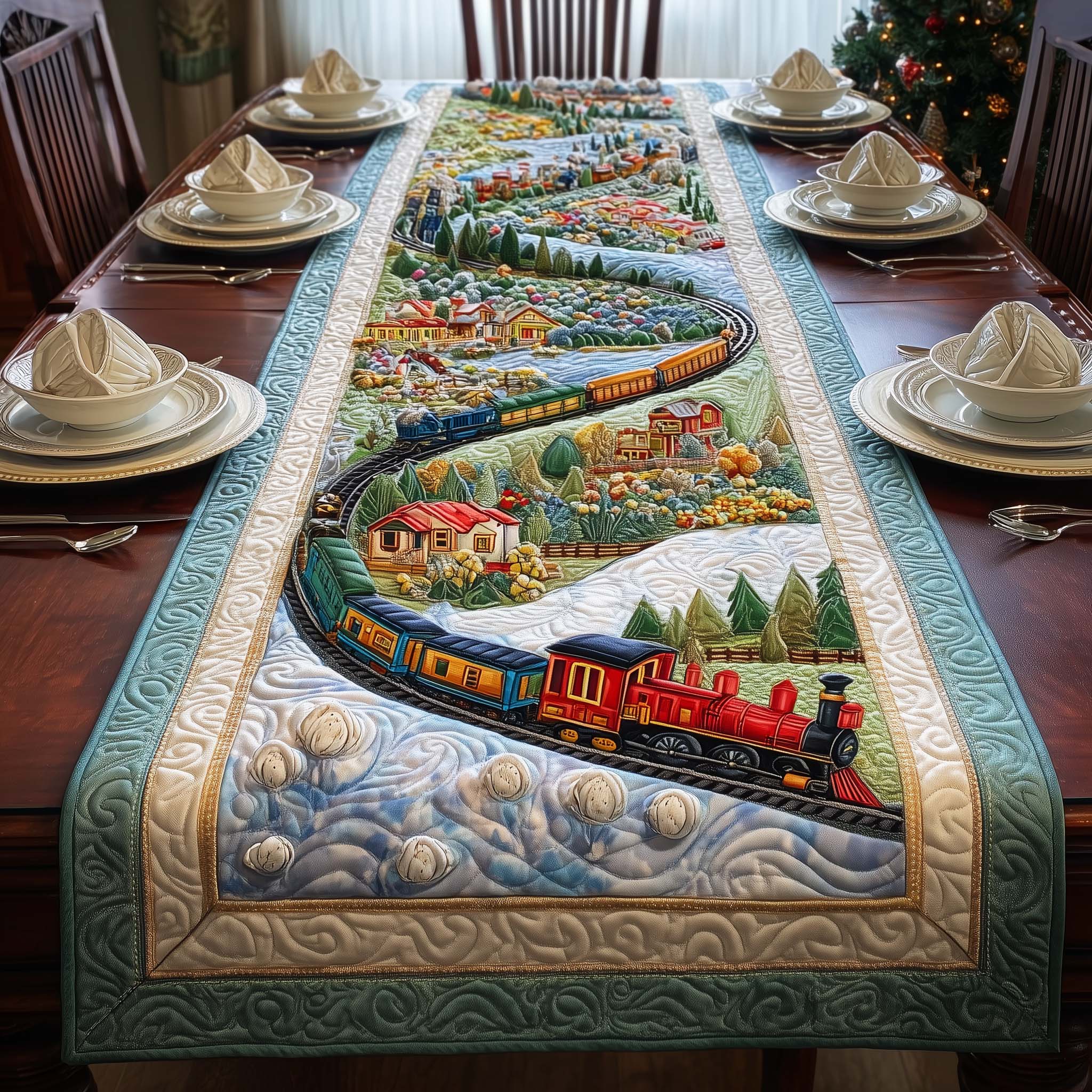 Scenic Train Quilted Table Runner Farmhouse Dining Room Decor Gift For Home