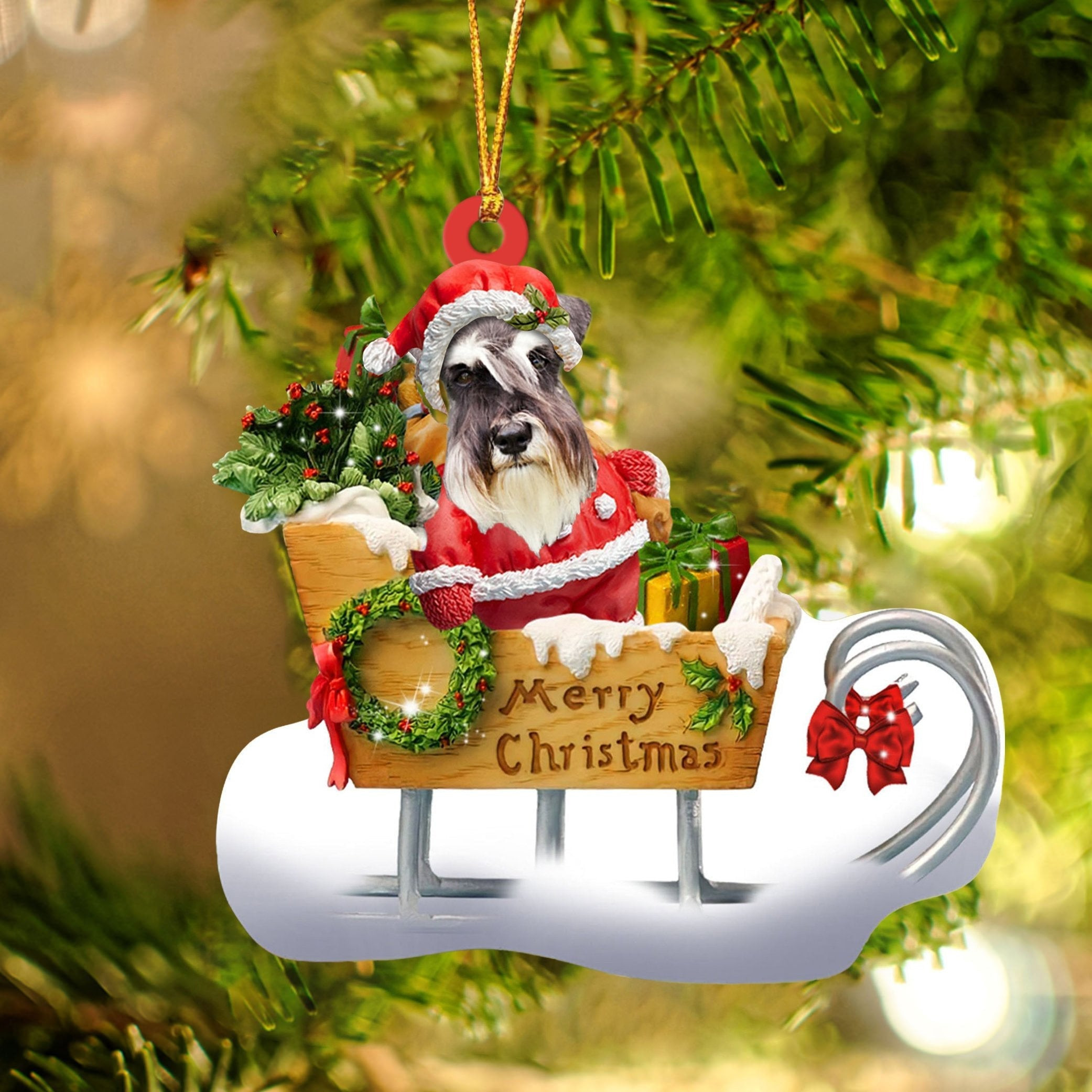 Schnauzer Sitting On A Cute Sleigh Ornament Flat Acrylic Funny Dog Ornament