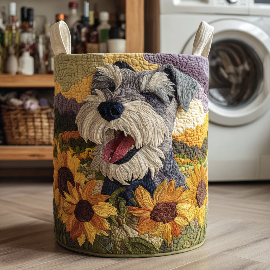 Schnauzer Sunflower Yawn Quilted Laundry Basket High-Quality Quilted Laundry Hamper for Family Use