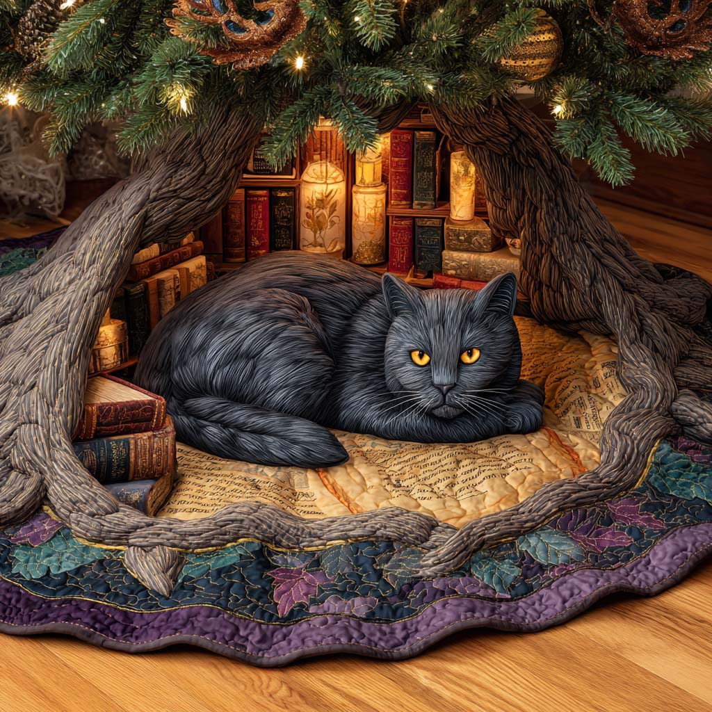 Scholar Watch Quilted Tree Skirt Xmas Tree Cover Base Gifts For Black Cat Owners