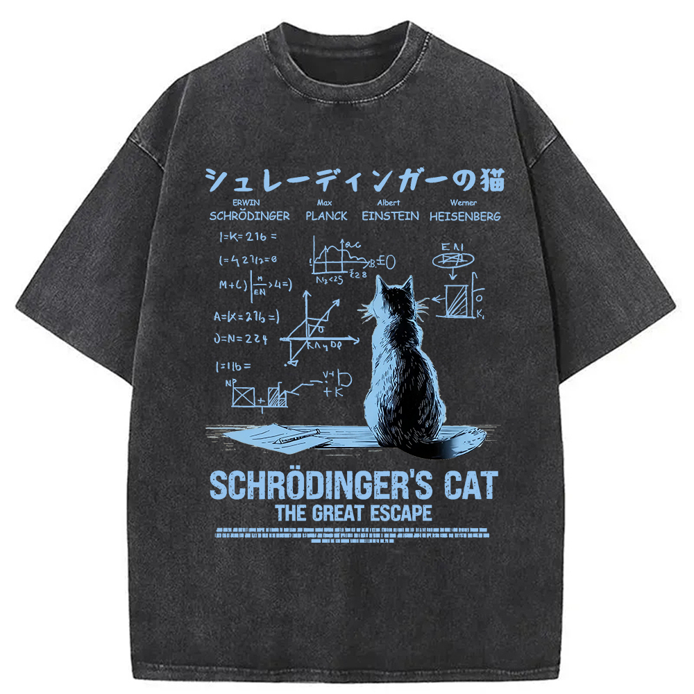 Schrodinger's Cat Escape Plan Washed T-Shirt Cool Graphic Tee For Men Women Gifts For Brother