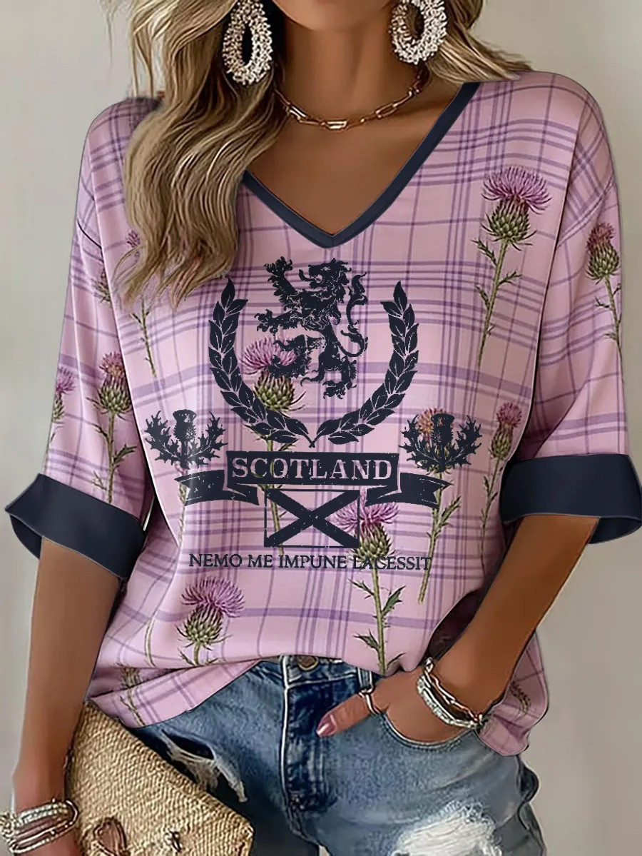 Scotland Nemo Me Impune Lacessit Long Sleeve V-Neck Shirt Scottish Thistle Fan Gear Gift For Rugby Supporters