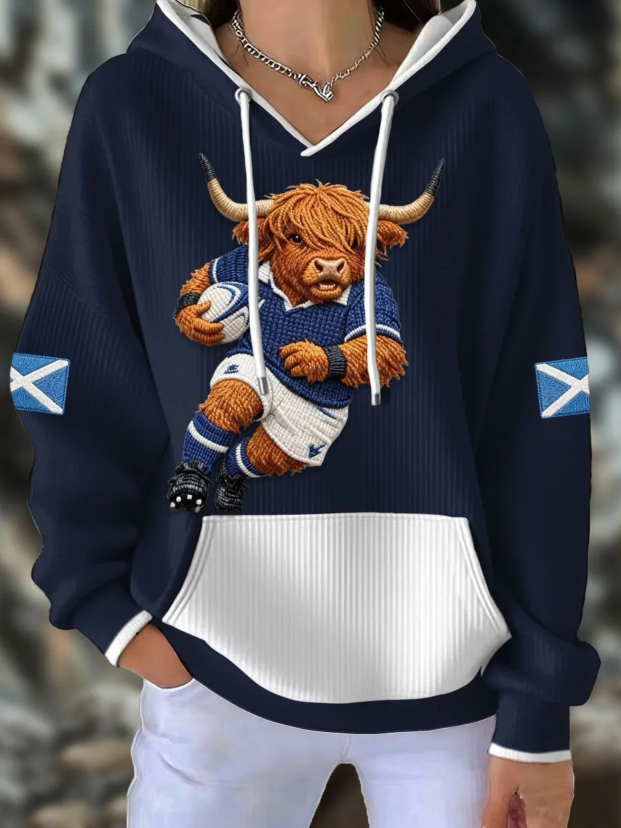 Scotland Rugby Highland Cow Mascot Hoodie Scottish Saltire Fan Gear Best Gift For Rugby Supporters