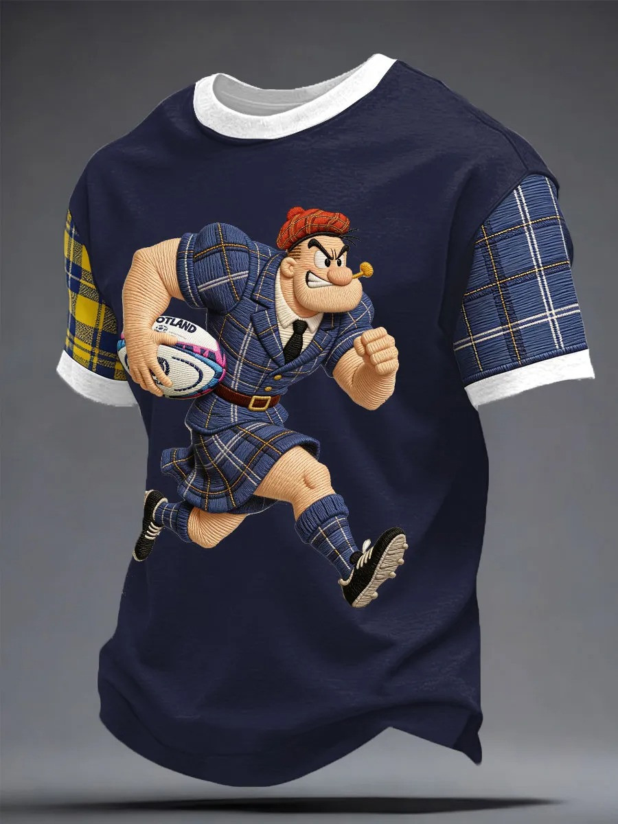 Scotland Rugby Kilted Cartoon Player T-Shirt Tartan Fan Gear Gift For Scottish Rugby Supporters