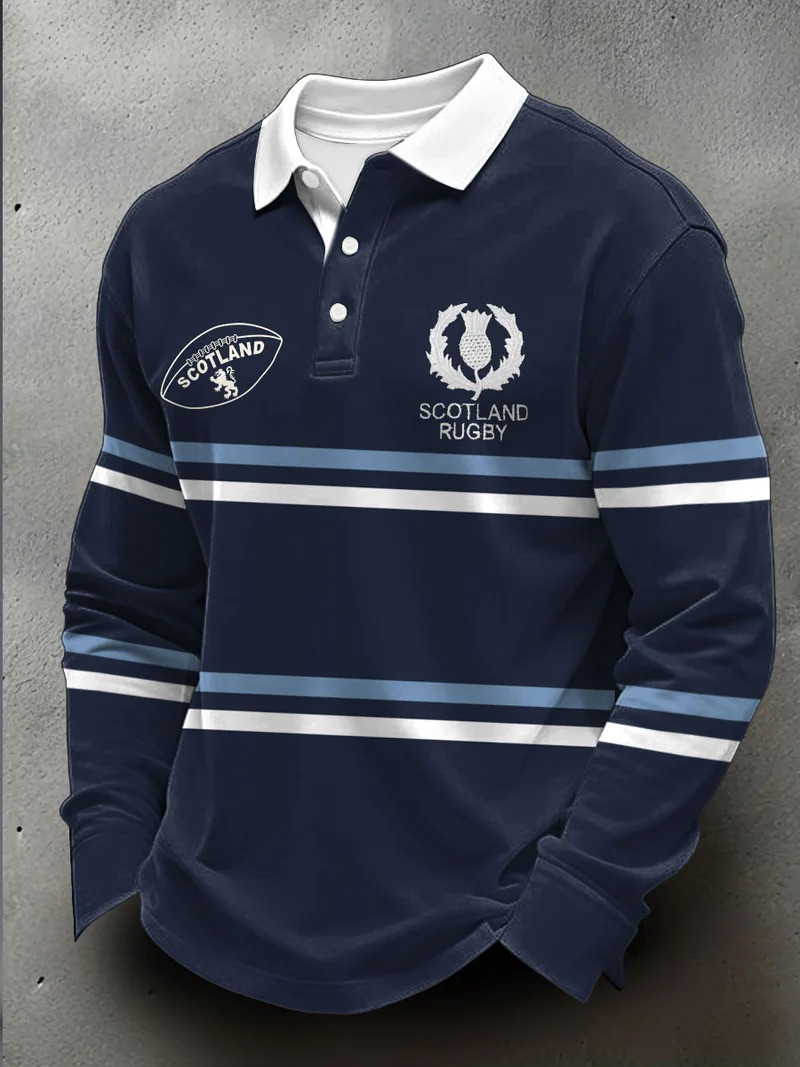 Scotland Rugby Long Sleeve Polo Shirt Striped Thistle Crest Fan Gear Best Gift For Rugby Supporters