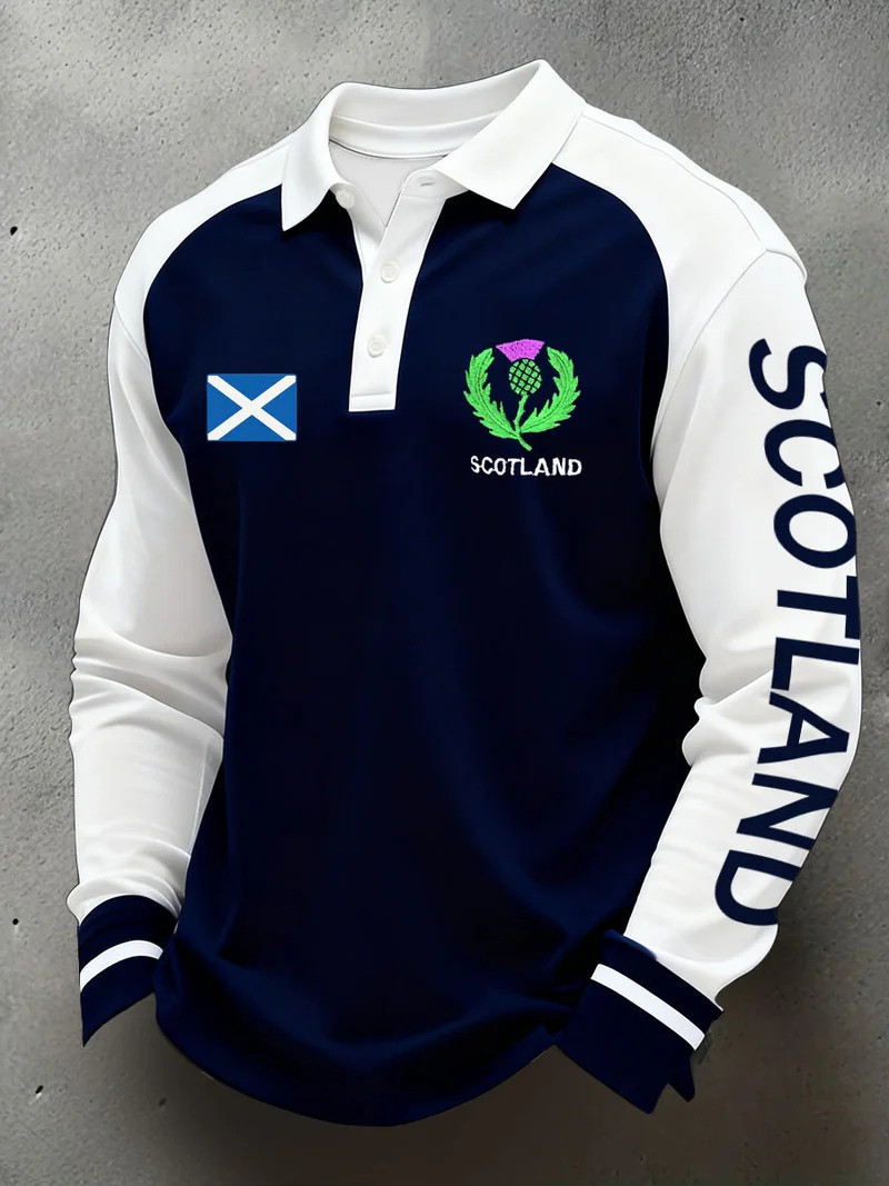 Scotland Rugby Long Sleeve Polo Shirt Thistle Saltire Fan Gear Match Day Best Gift For Rugby Fans