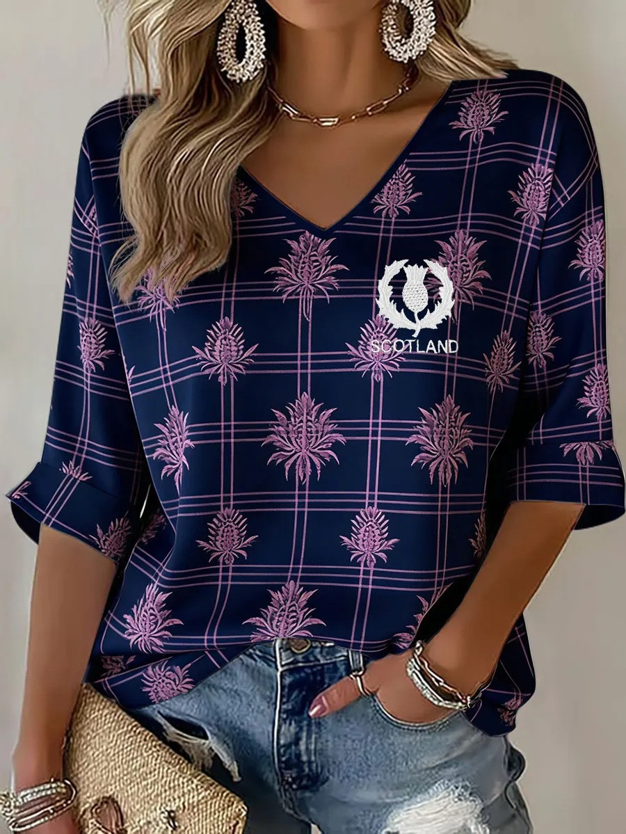 Scotland Thistle Tartan Long Sleeve V-Neck Shirt Scottish Rugby Fan Gear Match Day Gift For Rugby Fans