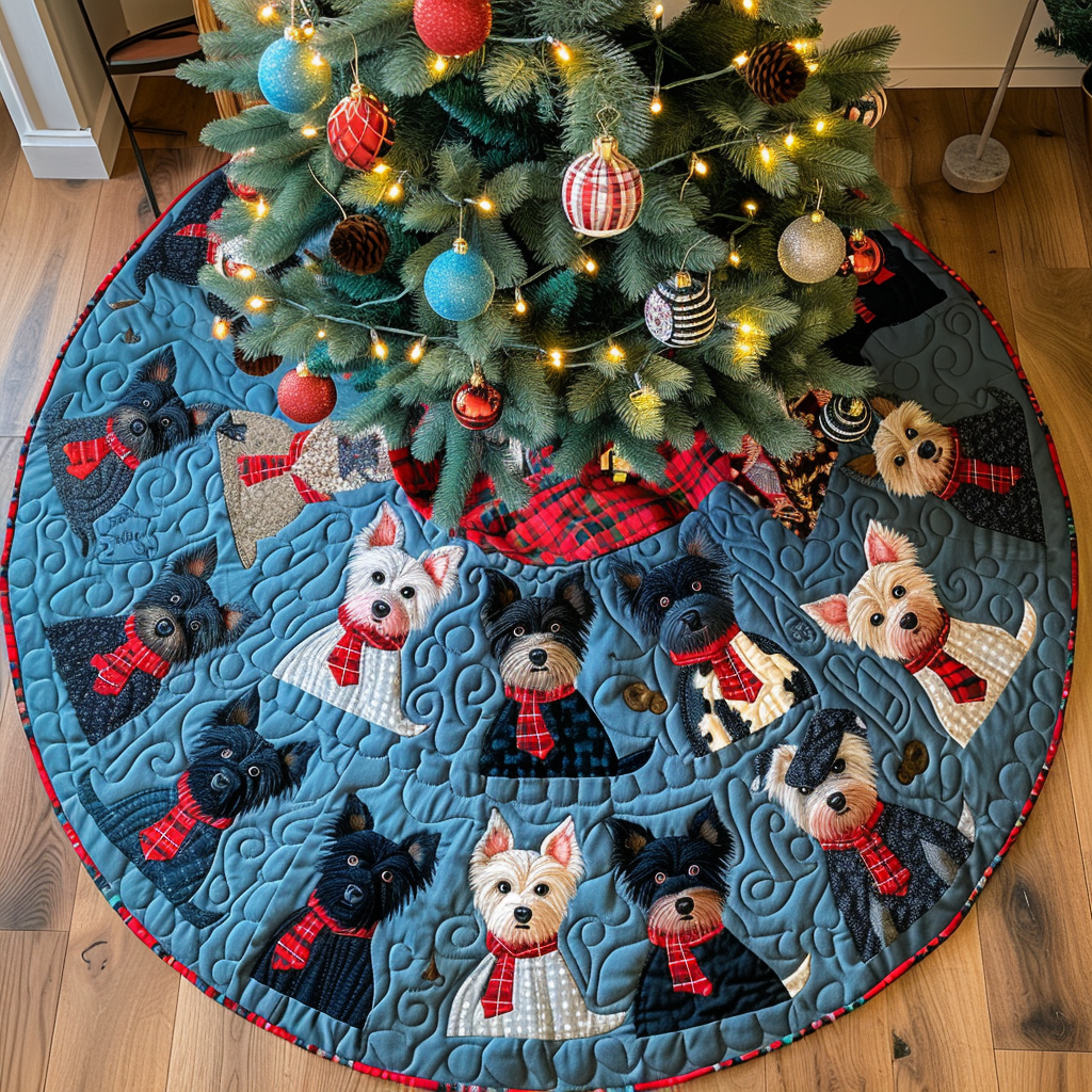 Scottie Christmas Morning Christmas Quilted Tree Skirt Warm and Soft Christmas Tree Skirt for Winter