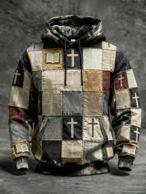 Scripture Cross Bible Patchwork Oversized Hoodie Men Christian Apparel Best Gift Ideas