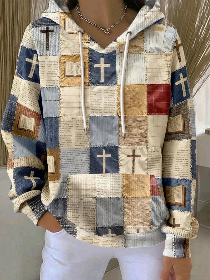 Scripture Cross Patchwork Hoodie Women Christian Faith Apparel Cute Hoodies Best Gift Ideas