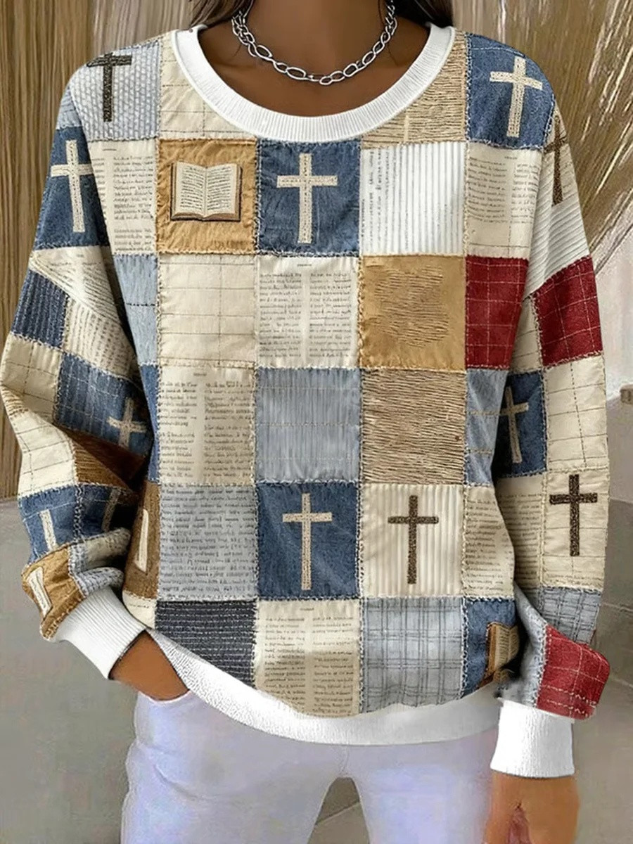 Scripture Cross Patchwork Ribbed Sweatshirt Women Christian Faith Apparel Best Gift For Her