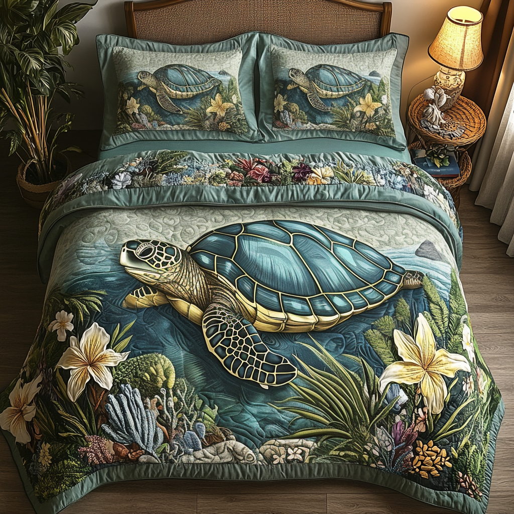 Sea Adventure Quilted Bedding Set Aesthetic Room Decor Sea Turtle Themed Gifts