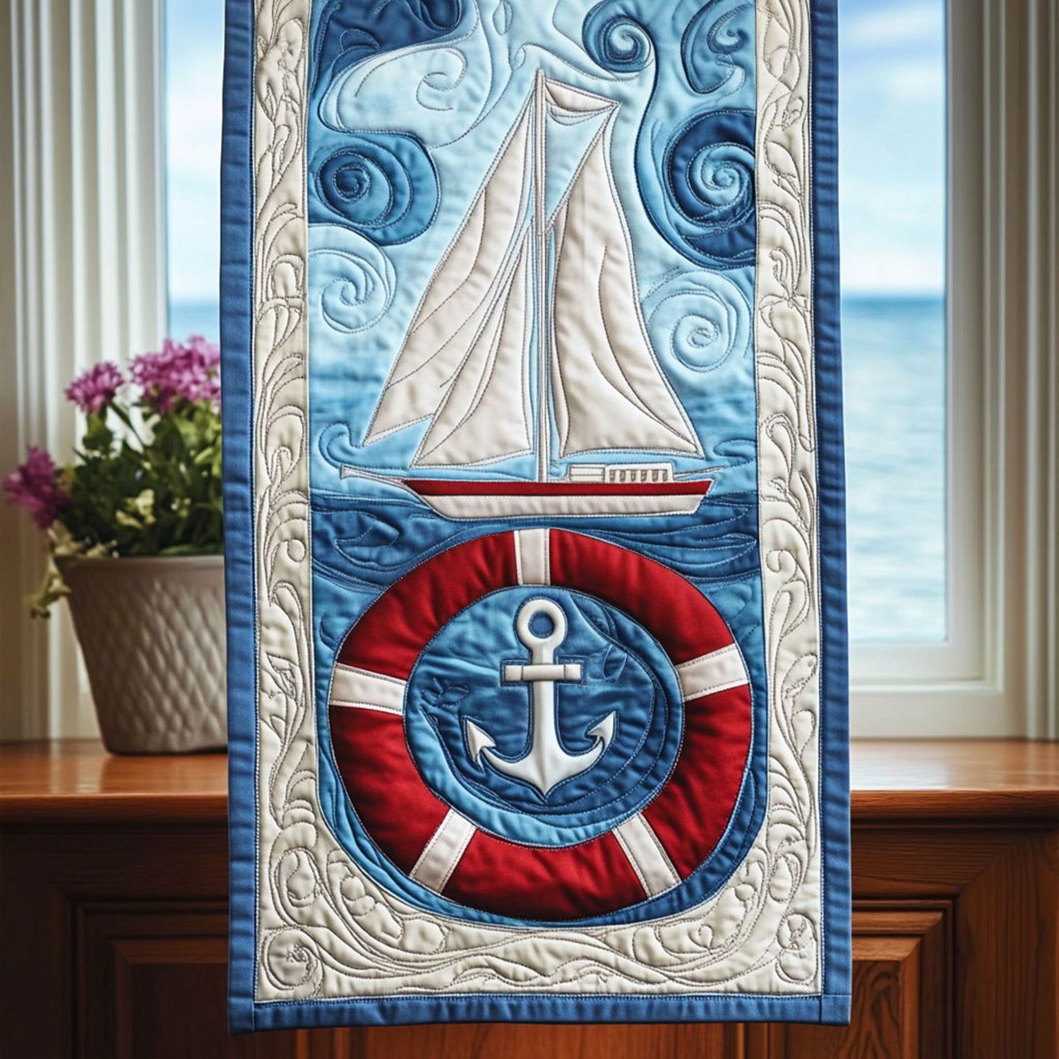 Sea Bound Sail Quilted Table Runner Dining Table Decor Ideas Navy Anchor Gifts