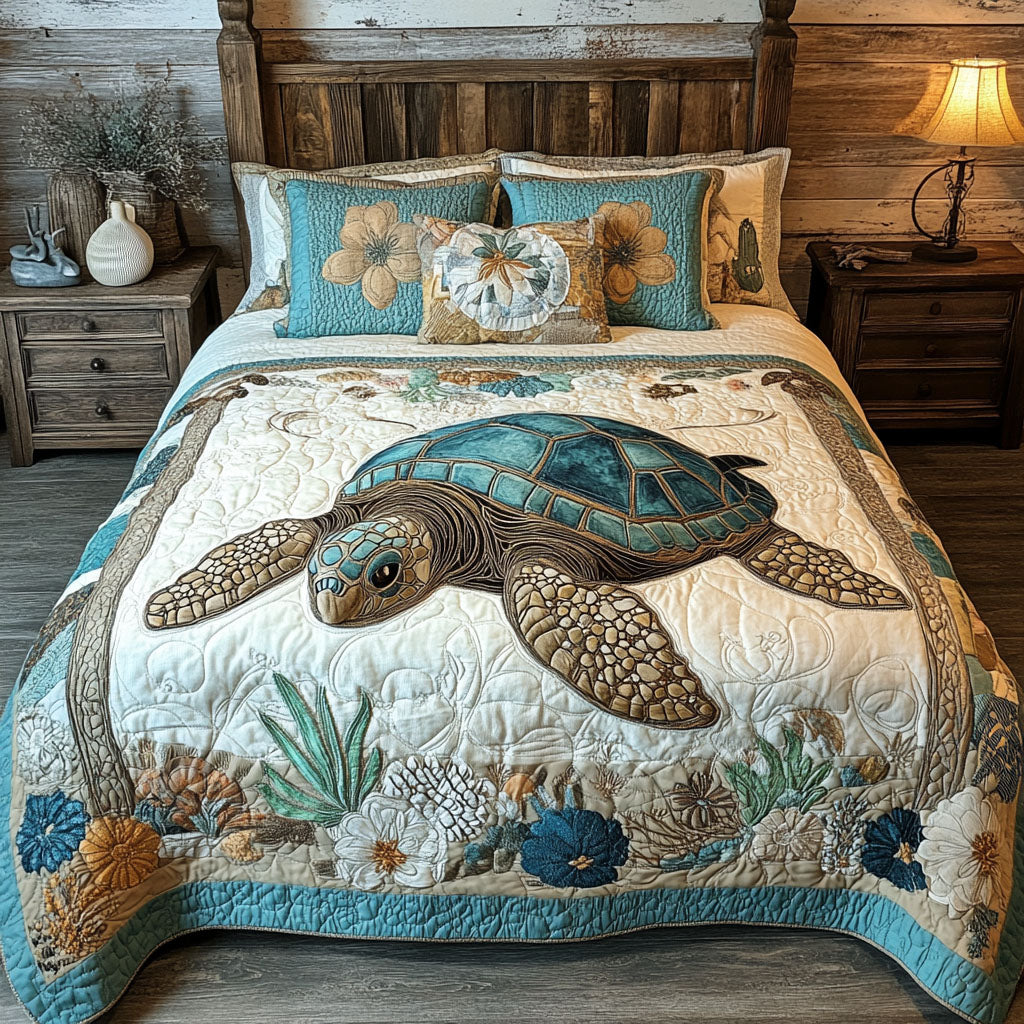 Sea Breeze Haven Quilted Bedding Set Bed Decor Sea Turtle Themed Gifts
