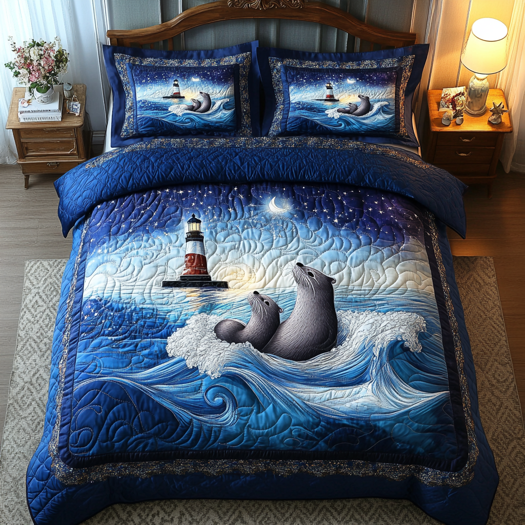 Sea Drift Otters Quilted Bedding Set Cozy Bedroom Decor Best Sea Otter Gifts
