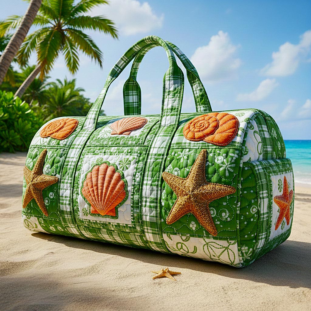 Sea Drift Seashell Quilted Duffle Bag Green Plaid Starfish Beach Travel Bag Gift For Beach Lovers