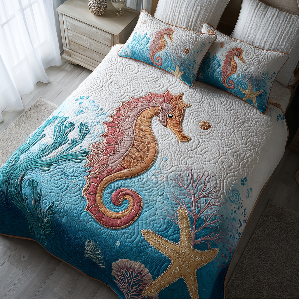 Sea Horse Adventure Quilted Bedding Set Bed Room Decoration Seahorse Themed Gifts