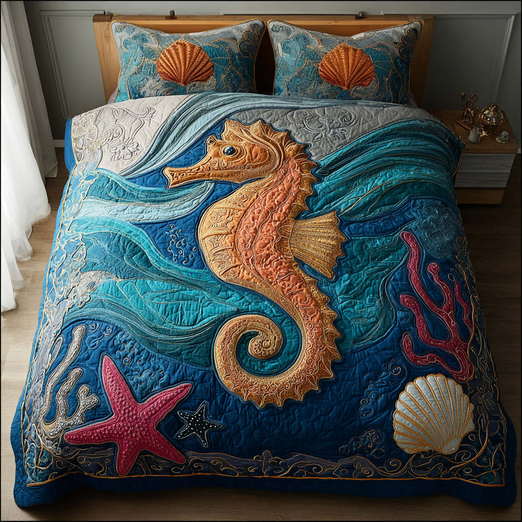 Sea Horse Horizon Quilted Bedding Set Aesthetic Room Decor Seahorse Themed Gifts