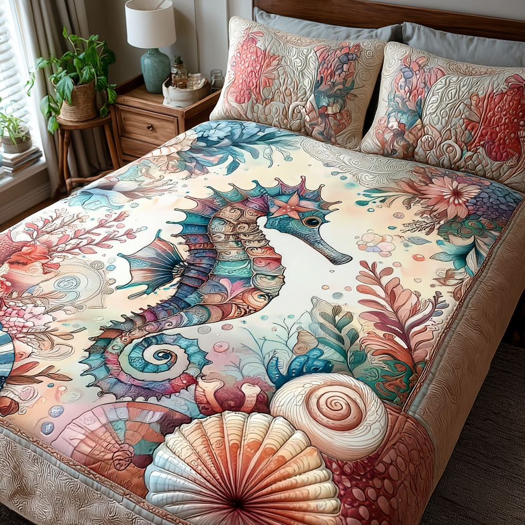 Sea Horse Shore Quilted Bedding Set Bedroom Decorations Unique Seahorse Gifts