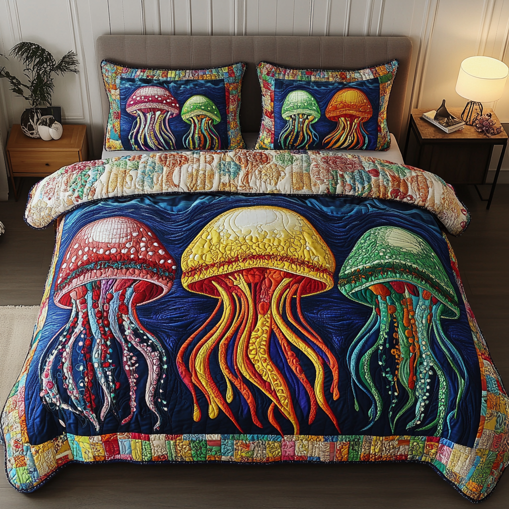 Sea Jewel Quilted Bedding Set Cool Bedroom Decor Cool Jellyfish Gifts