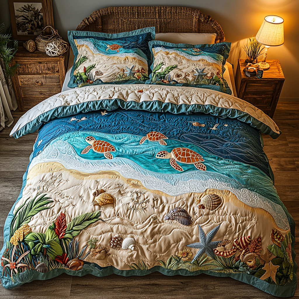 Sea Journey Quilted Bedding Set Bed Decor Gifts For People Who Loves Sea Turtle
