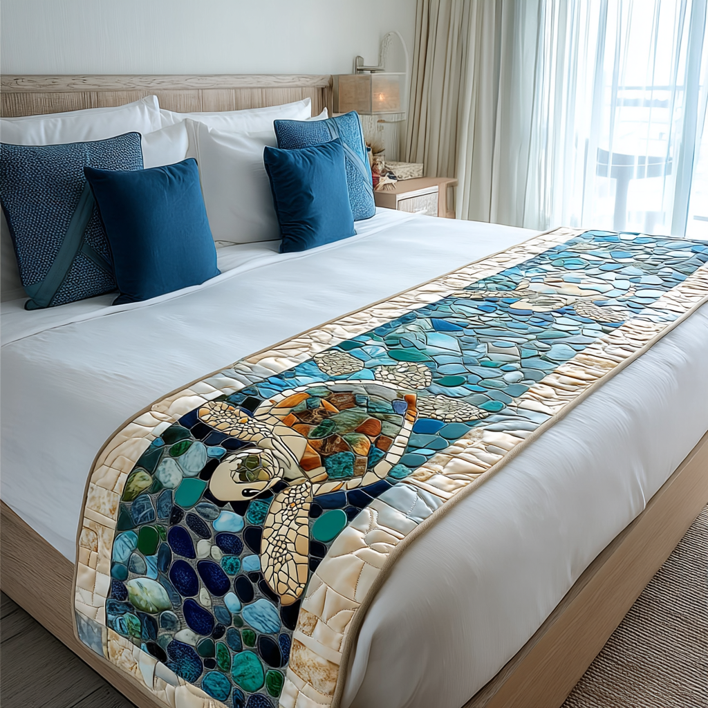Sea Sage Quilted Bed Runner Bed Room Decoration Sea Turtle Gift Ideas For Her