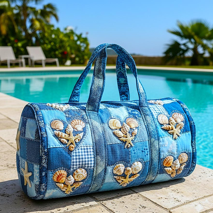 Sea Serenity Denim Seashell Quilted Duffle Bag Blue Patchwork Beach Bag Best Gift For Ocean Lovers