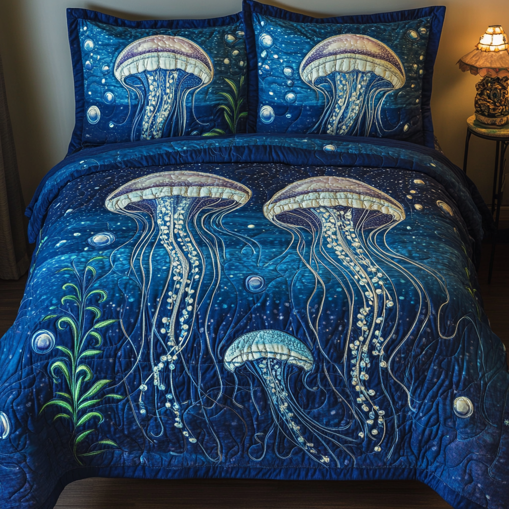 Sea Serenity Quilted Bedding Set Cozy Bedroom Decor Cool Jellyfish Gifts