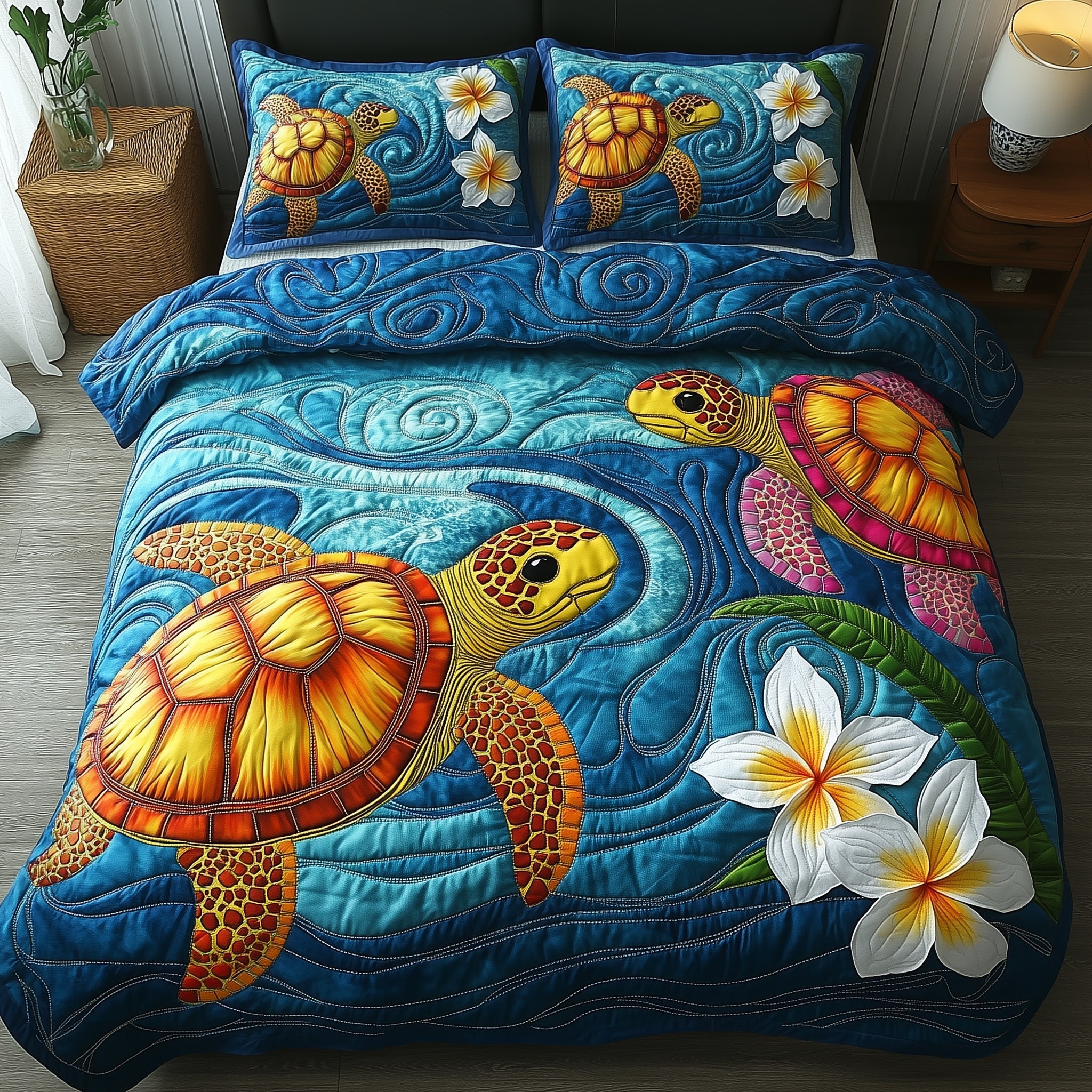 Sea Serenity Turtle Quilted Bedding Set Duvet Cover Bed Sheet Cute Turtle Themed Gifts