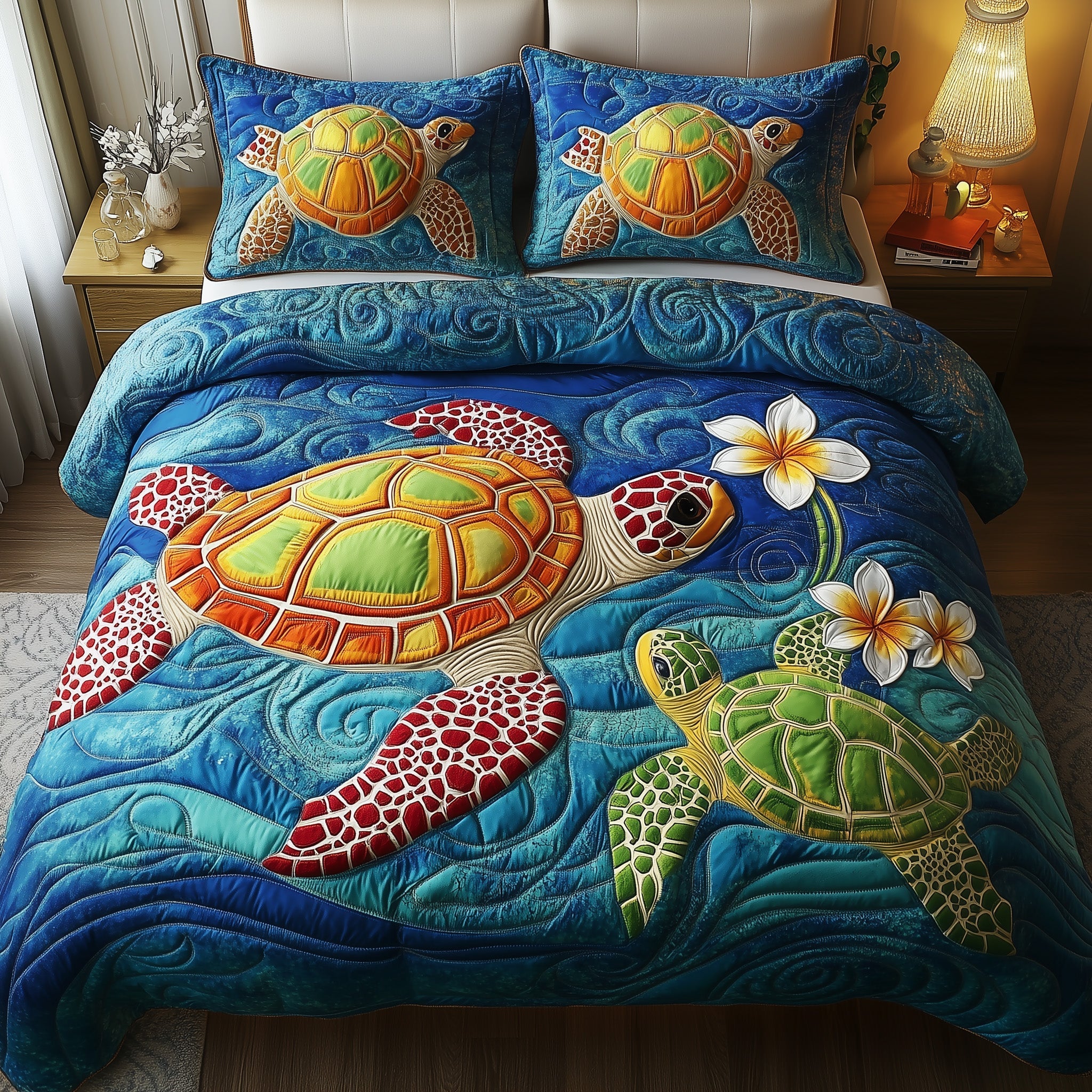 Sea Serenity Turtle Quilted Bedding Set Duvet Cover Bed Sheet Turtle Gifts For Dad