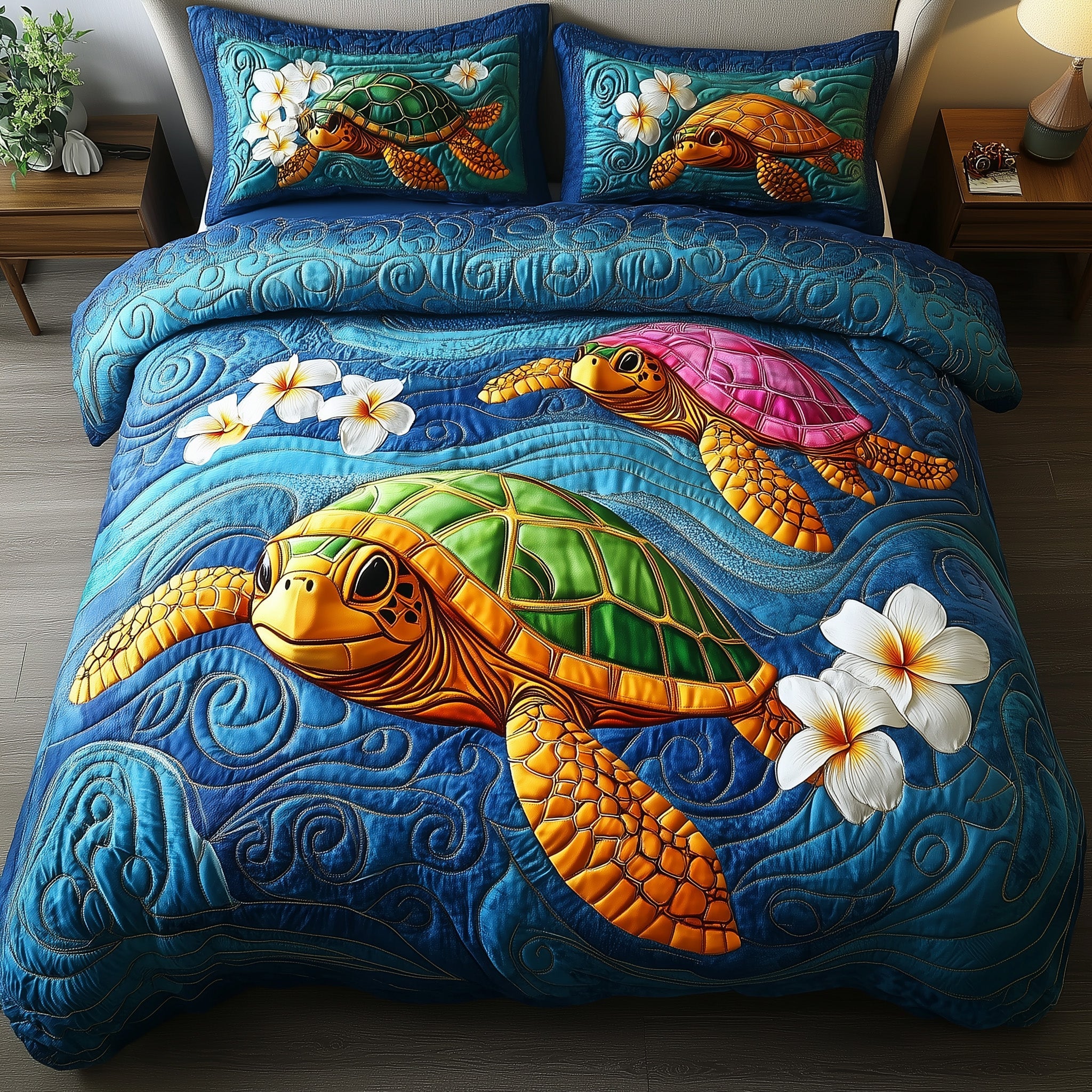 Sea Serenity Turtle Quilted Bedding Set Duvet Cover Bed Sheet Turtle Gifts For Father's Day