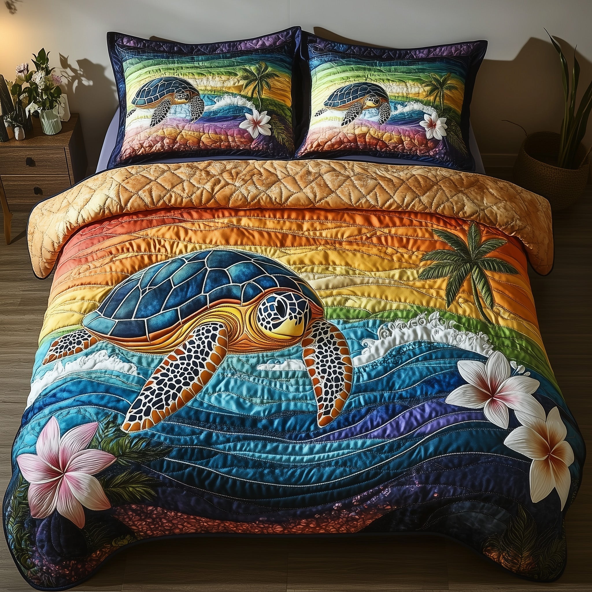 Sea Serenity Turtle Quilted Bedding Set Duvet Cover Bed Sheet Turtle Gifts For Grandparents