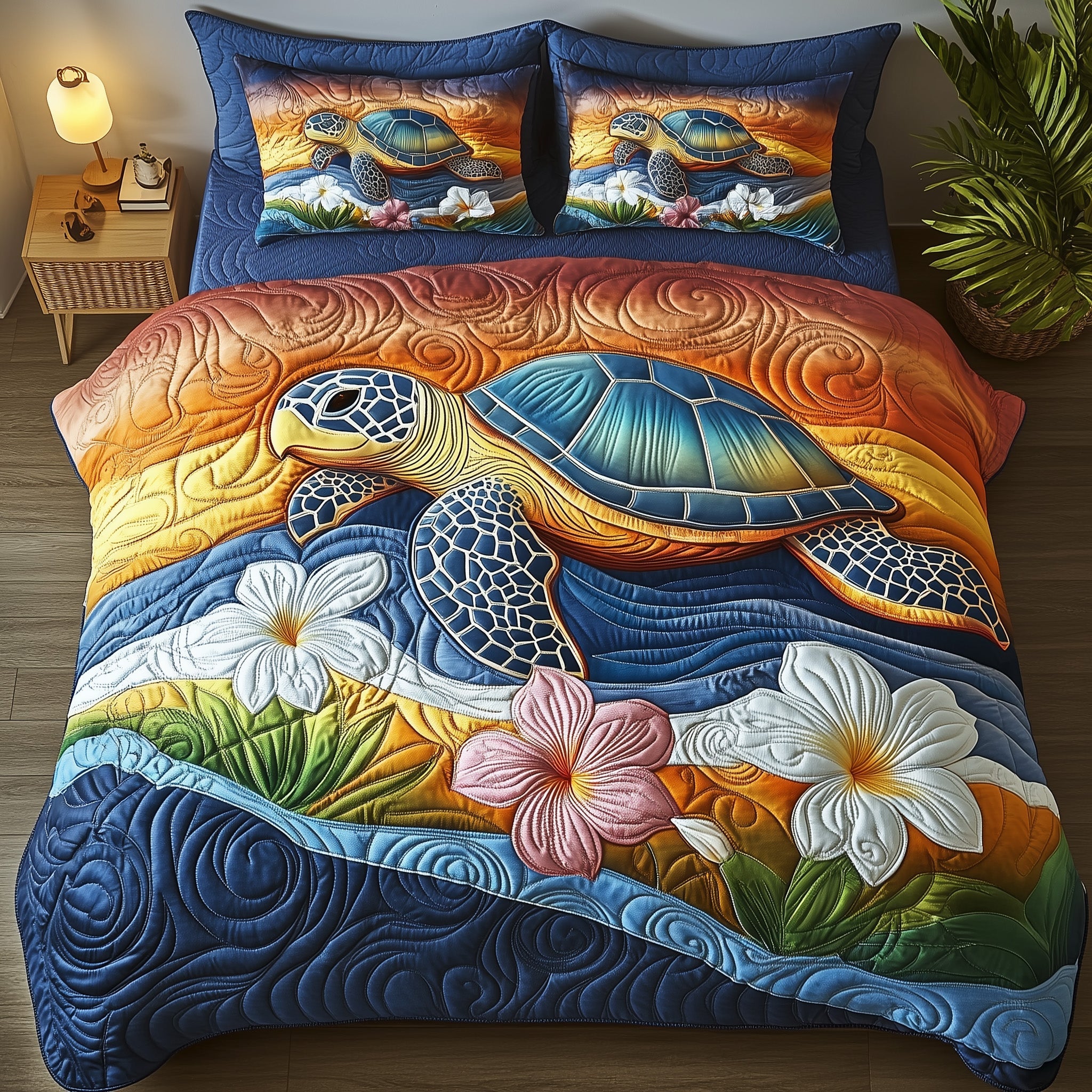 Sea Serenity Turtle Quilted Bedding Set Duvet Cover Bed Sheet Turtle Gifts For Husband