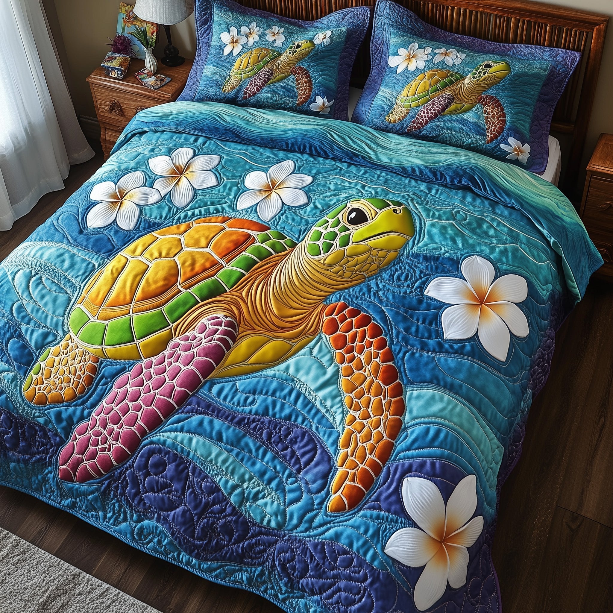 Sea Serenity Turtle Quilted Bedding Set Duvet Cover Bed Sheet Turtle Gifts For Mom