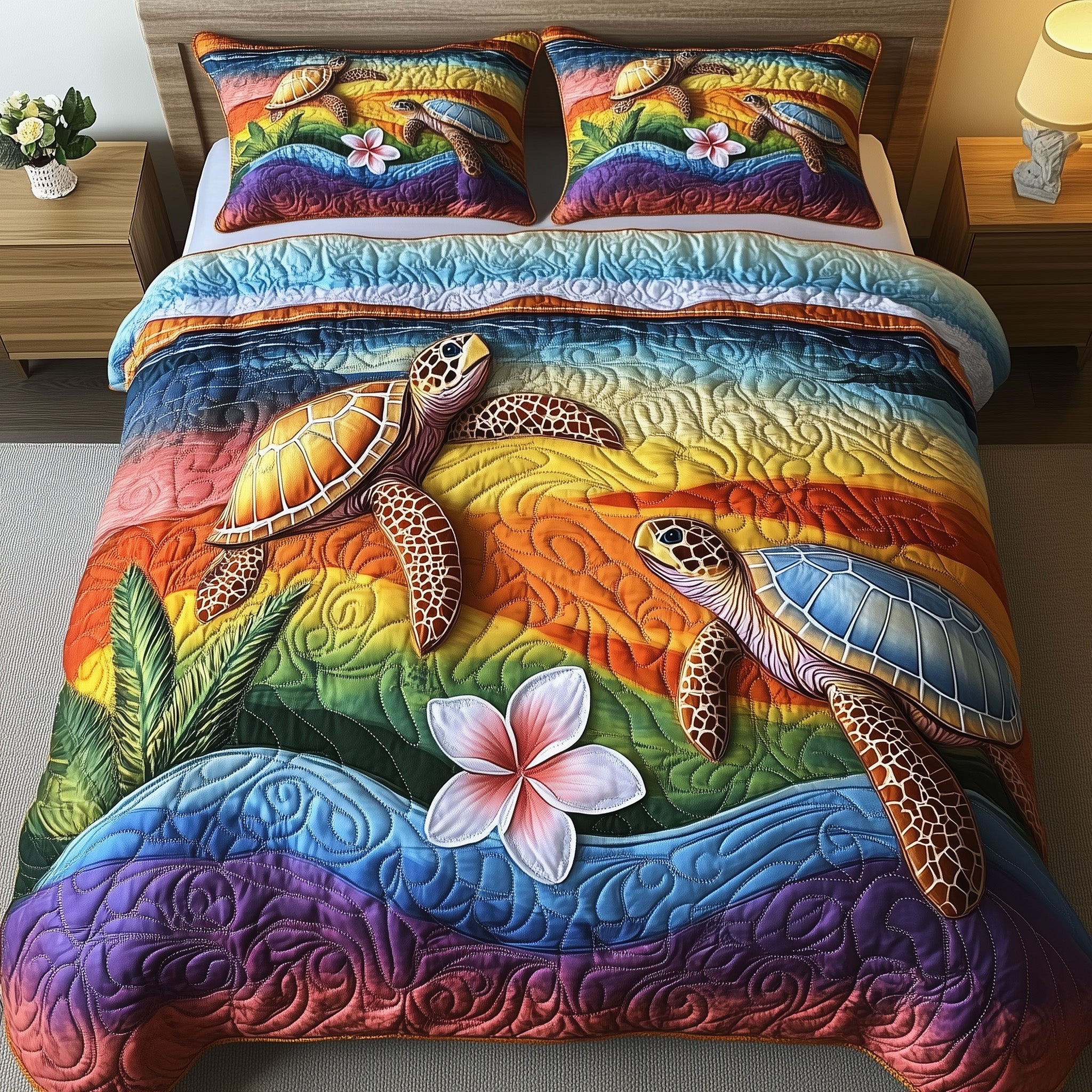 Sea Serenity Turtle Quilted Bedding Set Duvet Cover Bed Sheet Turtle Merchandise