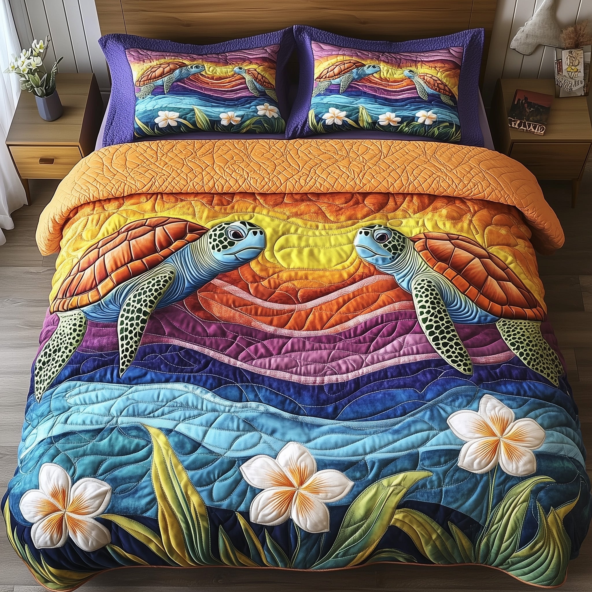 Sea Serenity Turtle Quilted Bedding Set Duvet Cover Bed Sheet Turtle Themed Gifts For Adults