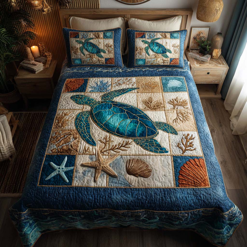 Sea Tides Turtle Quilted Bedding Set Bedroom Decor Christmas Presents For Sea Turtle Lovers