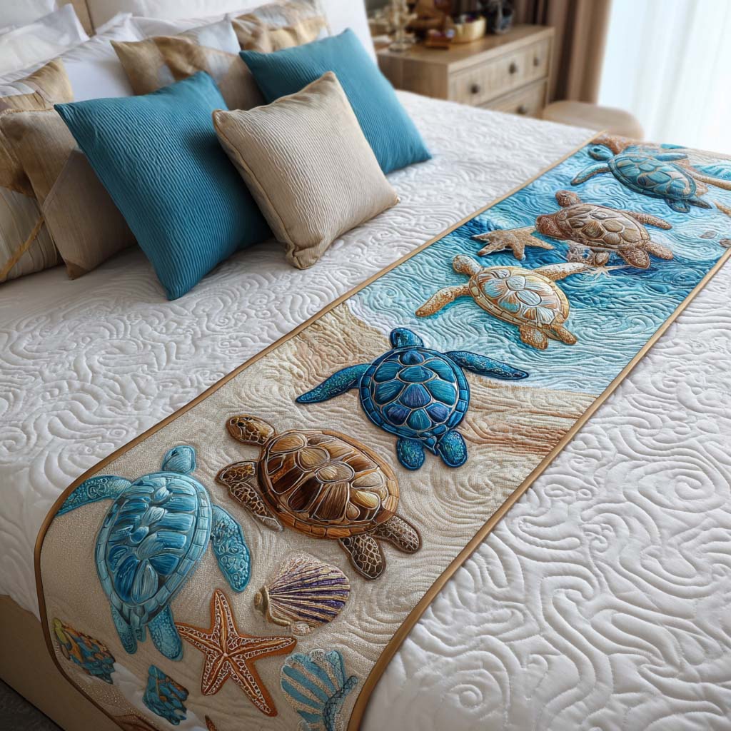 Sea Turtle Bliss Quilted Bed Runner Aesthetic Room Decor Sea Turtle Gift Shop