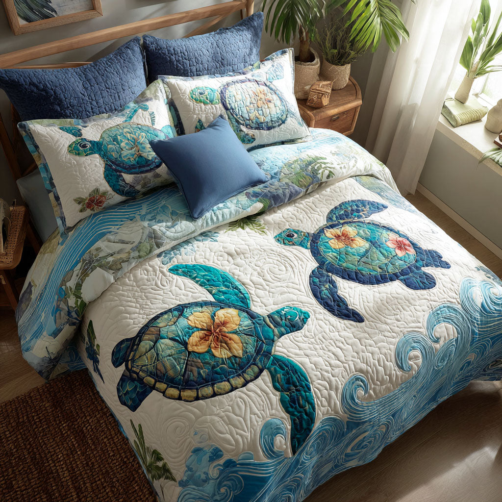 Sea Turtle Dance Quilted Bedding Set Aesthetic Room Decor Sea Turtle Gifts For Him