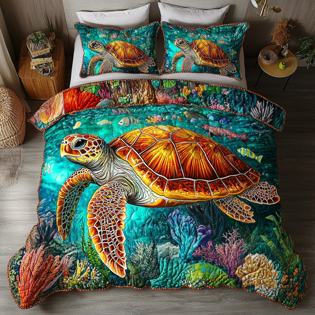 Sea Turtle Glow Quilted Bedding Set Bed Decorations Sea Turtle Gift Ideas