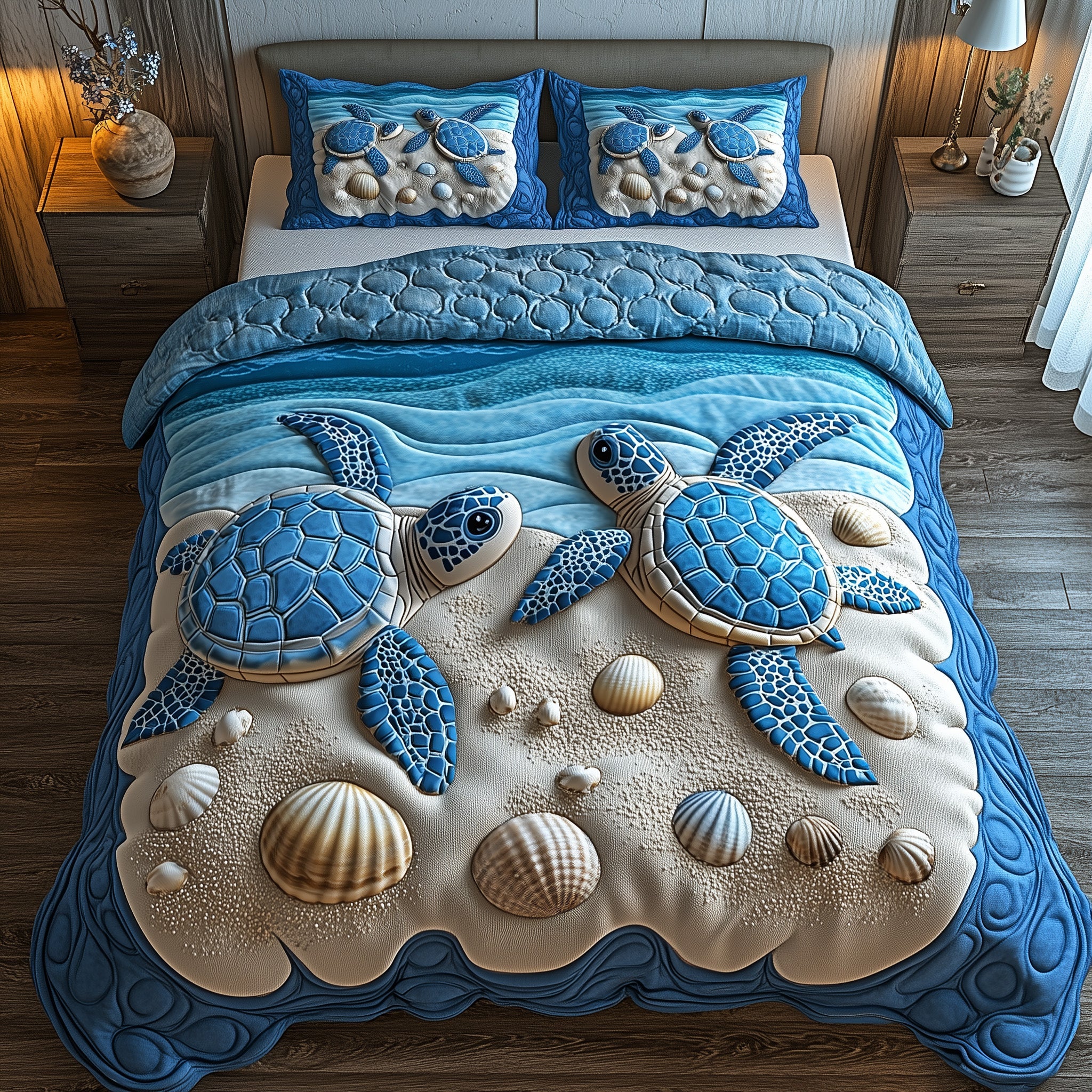Sea Turtle Marine Sanctuary Quilted Bedding Set Duvet Cover Bedspread Seashells Gifts