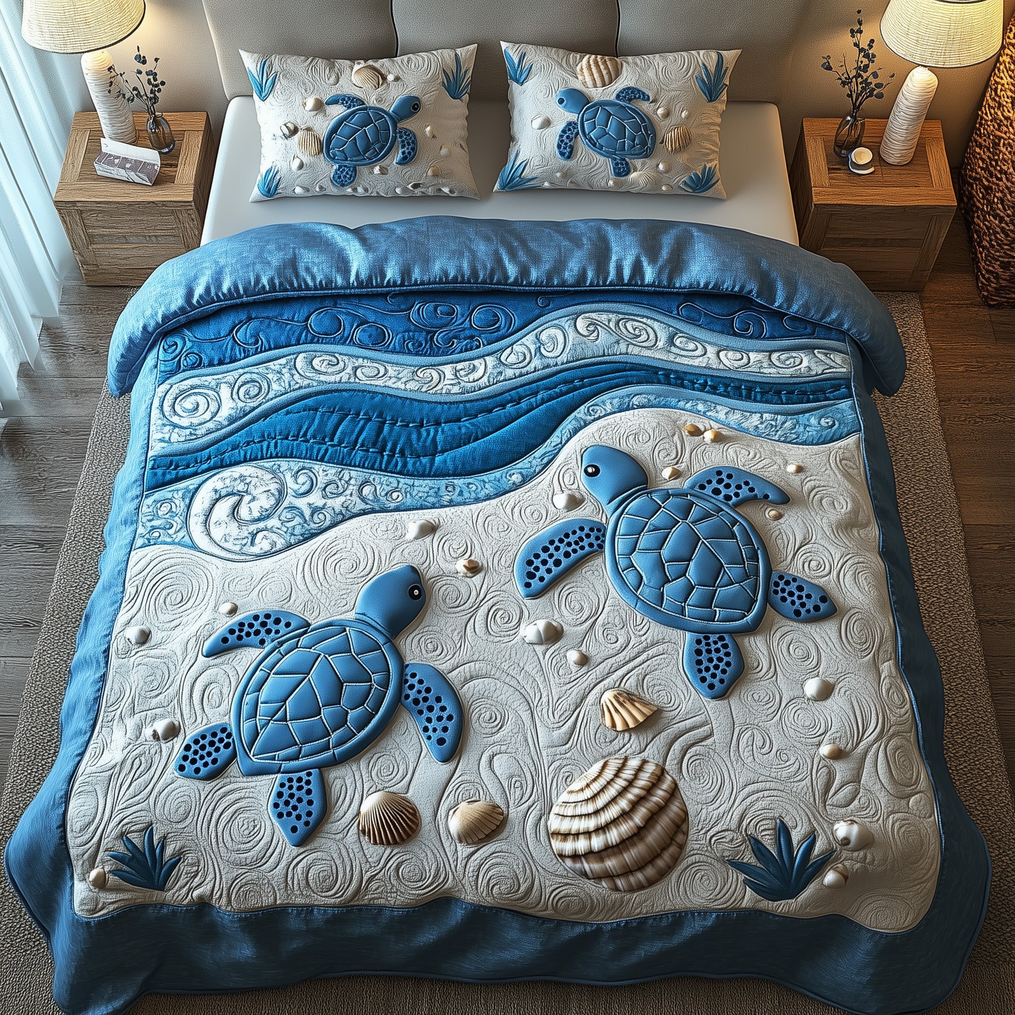 Sea Turtle Marine Sanctuary Quilted Bedding Set Duvet Cover Bedspread Seashells Gifts For Her