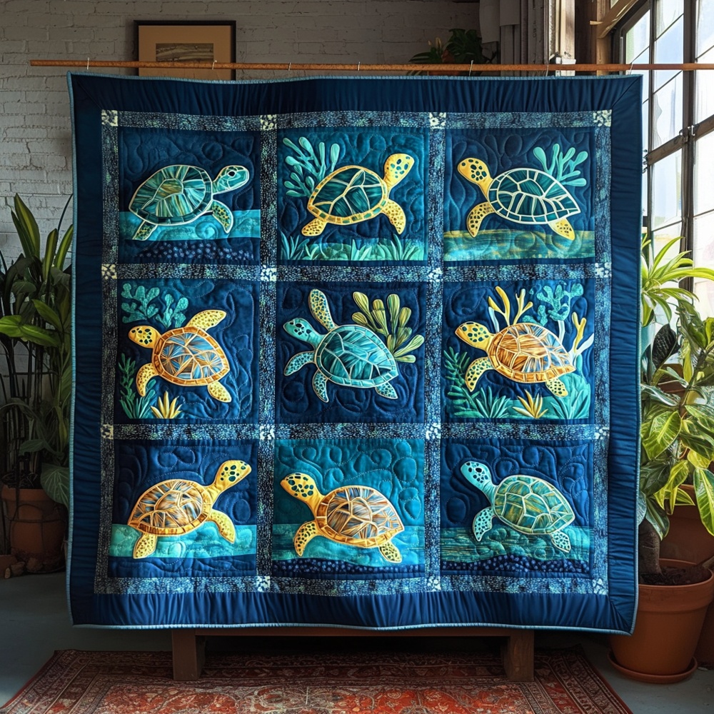 Sea Turtle Nine Panel Quilted Blanket Ocean Life Patchwork Throw Best Gift For Turtle Lover Home Decor