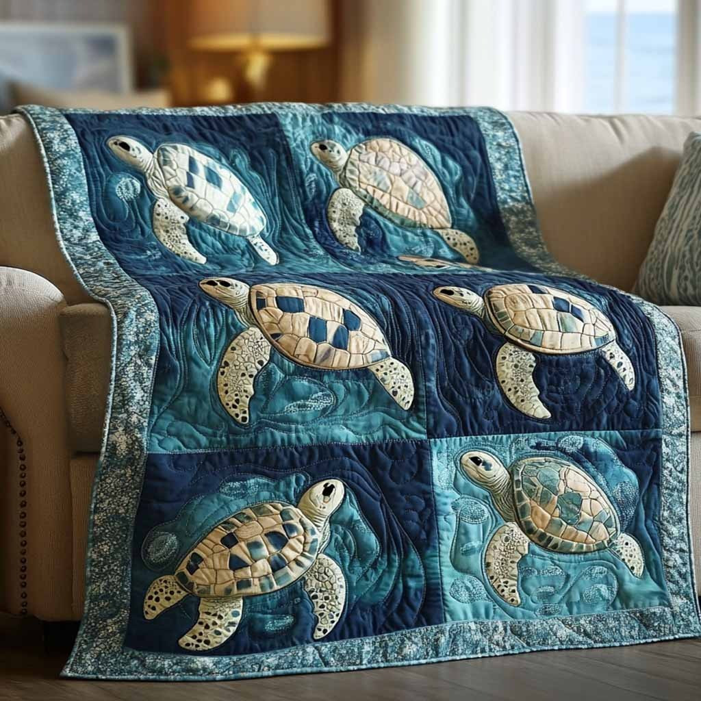 Sea Turtle Ocean Patchwork Quilted Blanket Coastal Decor Apparel Best Gift For Beach Lovers